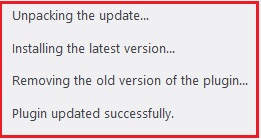 WordPress's update log: Unpacking the update, Installing the latest version, Removing the old version of the plugin, Plugin updated successfully