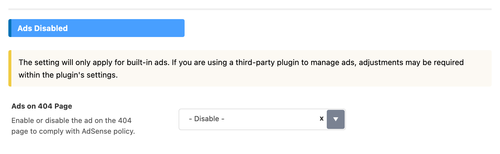The Ads Disabled group of Theme Options > 404 Page, with Ads on 404 Page set to - Disable -