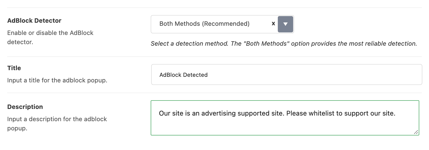 Theme Options > AdBlock Detector with a method chosen, showing the Title and Description fields that appear underneath