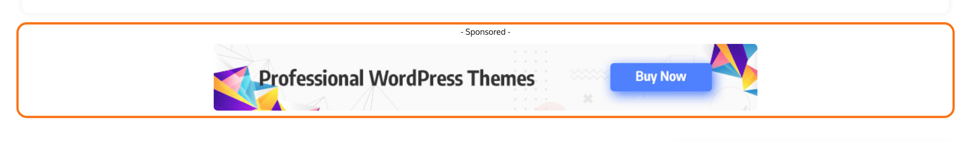 A Foxiz - Ad Image block on the Default demo, outlined in orange, its - Advertisement - line above a full width banner between two sections of posts.