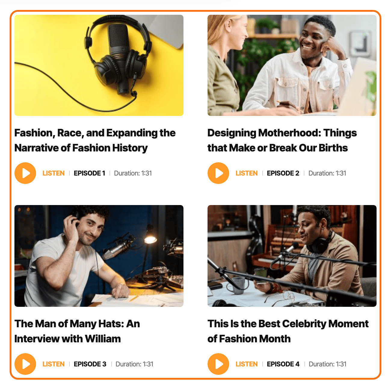 A Foxiz podcast block on the Foxiz Podcasts demo: episode cards with their play buttons, outlined in orange