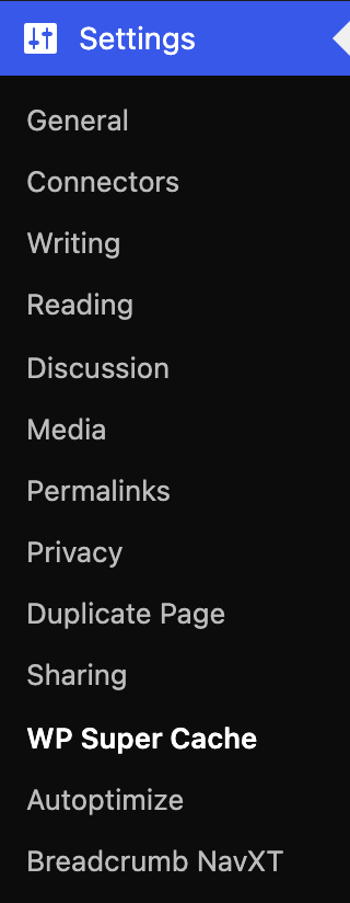 The WordPress Settings submenu with WP Super Cache in it