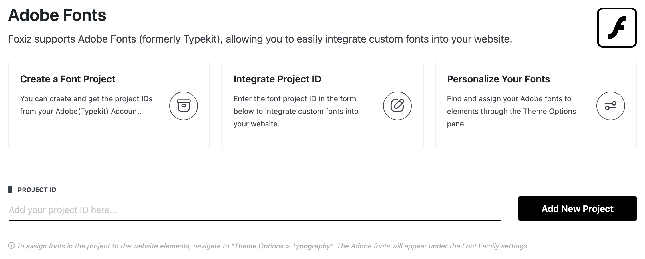 The Adobe Fonts section with no project: the Create a Font Project, Integrate Project ID and Personalize Your Fonts cards, the empty Project ID field and the Add New Project button