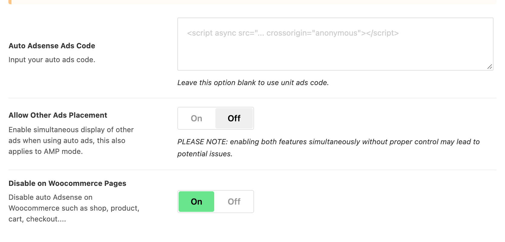 The Adsense - Auto Ads subsection: Auto Adsense Ads Code, Allow Other Ads Placement and Disable on Woocommerce Pages