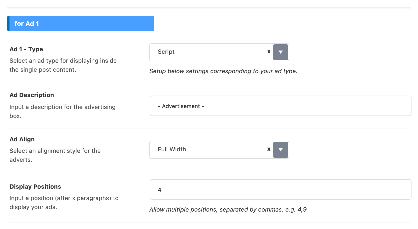 The for Ad 1 group of Inline Single Content: Ad 1 - Type, Ad Description, Ad Align and Display Positions