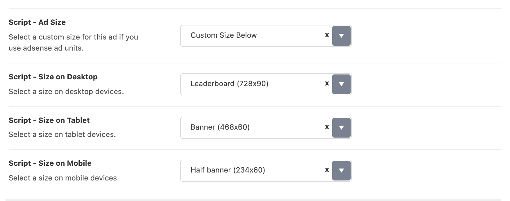 Script - Ad Size set to Custom Size Below, revealing the Size on Desktop, Tablet and Mobile dropdowns