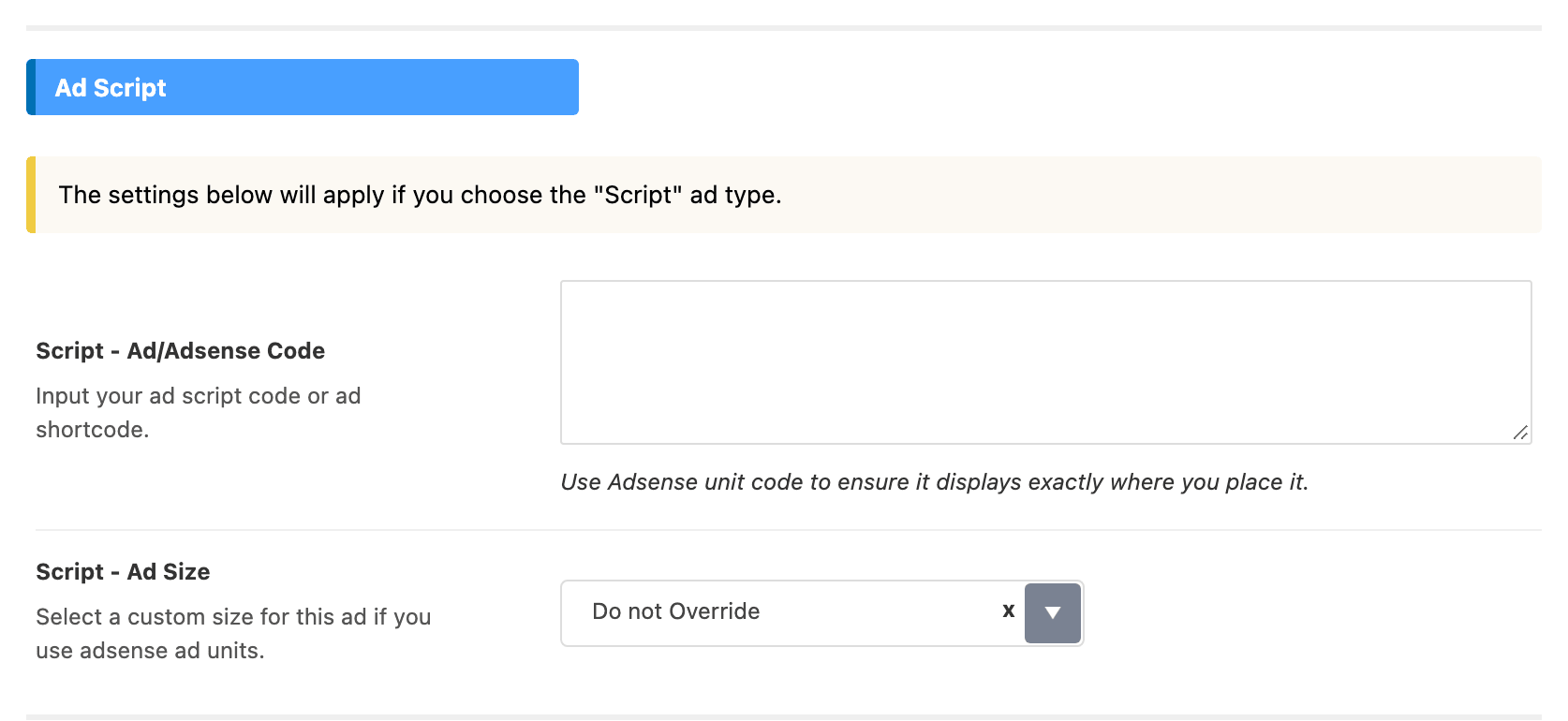 The Ad Script group of the Top Site subsection: Script - Ad/Adsense Code with Script - Ad Size under it