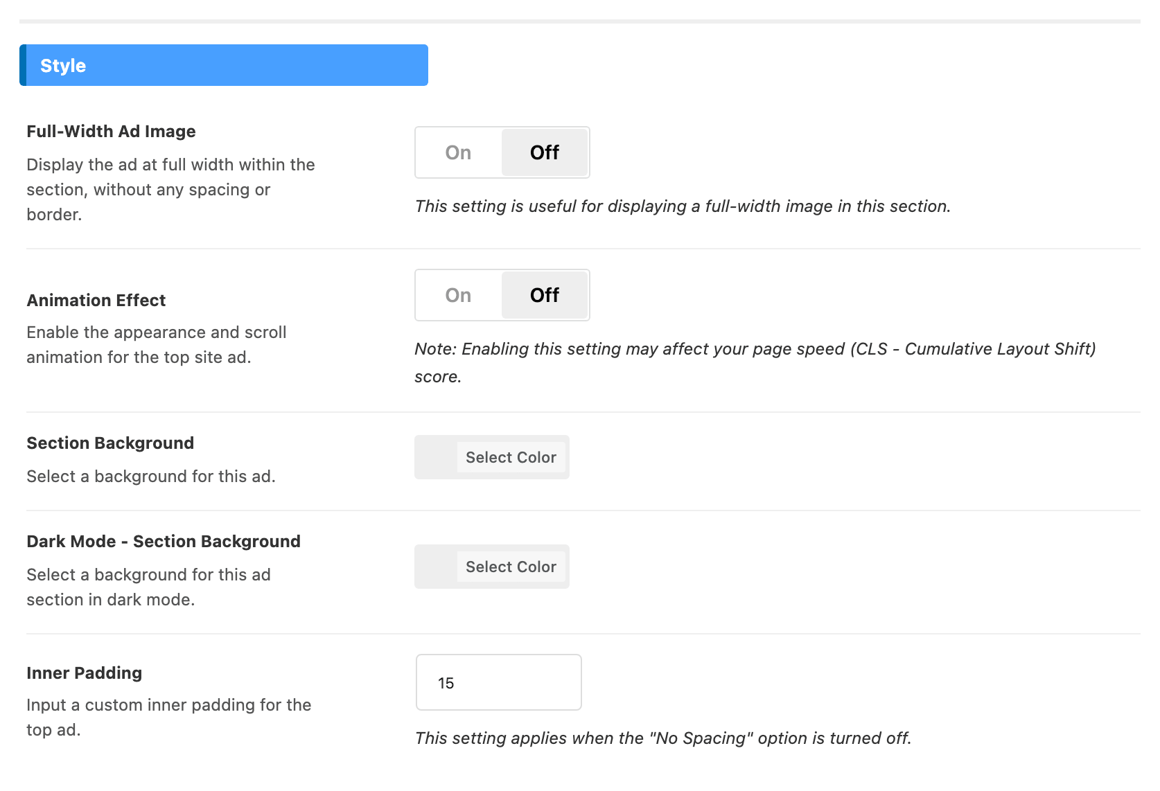 The Style group of the Top Site subsection: Full-Width Ad Image, Animation Effect, the two Section Background colours and Inner Padding