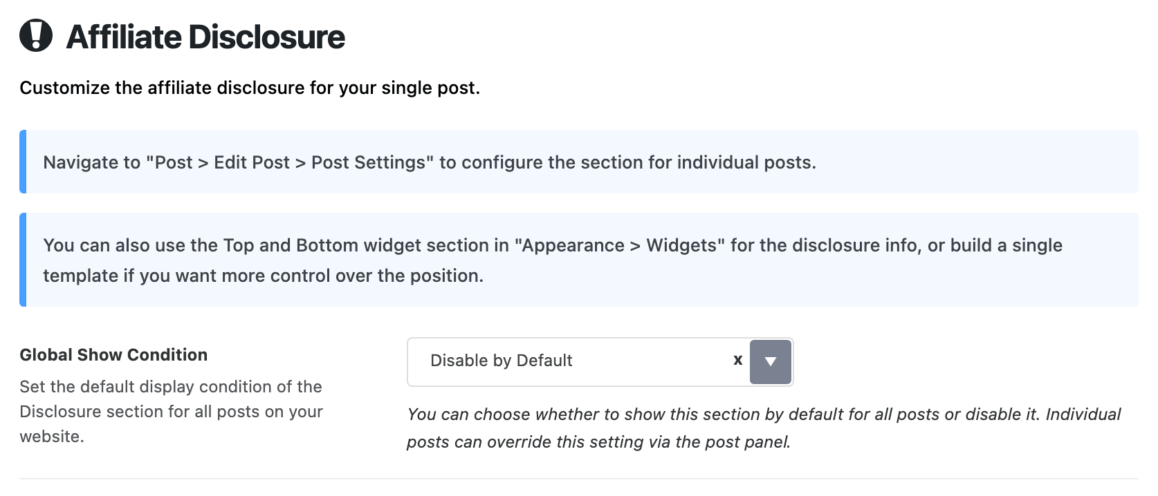 The top of Theme Options > Single Post > Affiliate Disclosure: notices about per post settings and the widget areas, then Global Show Condition on Disable by Default