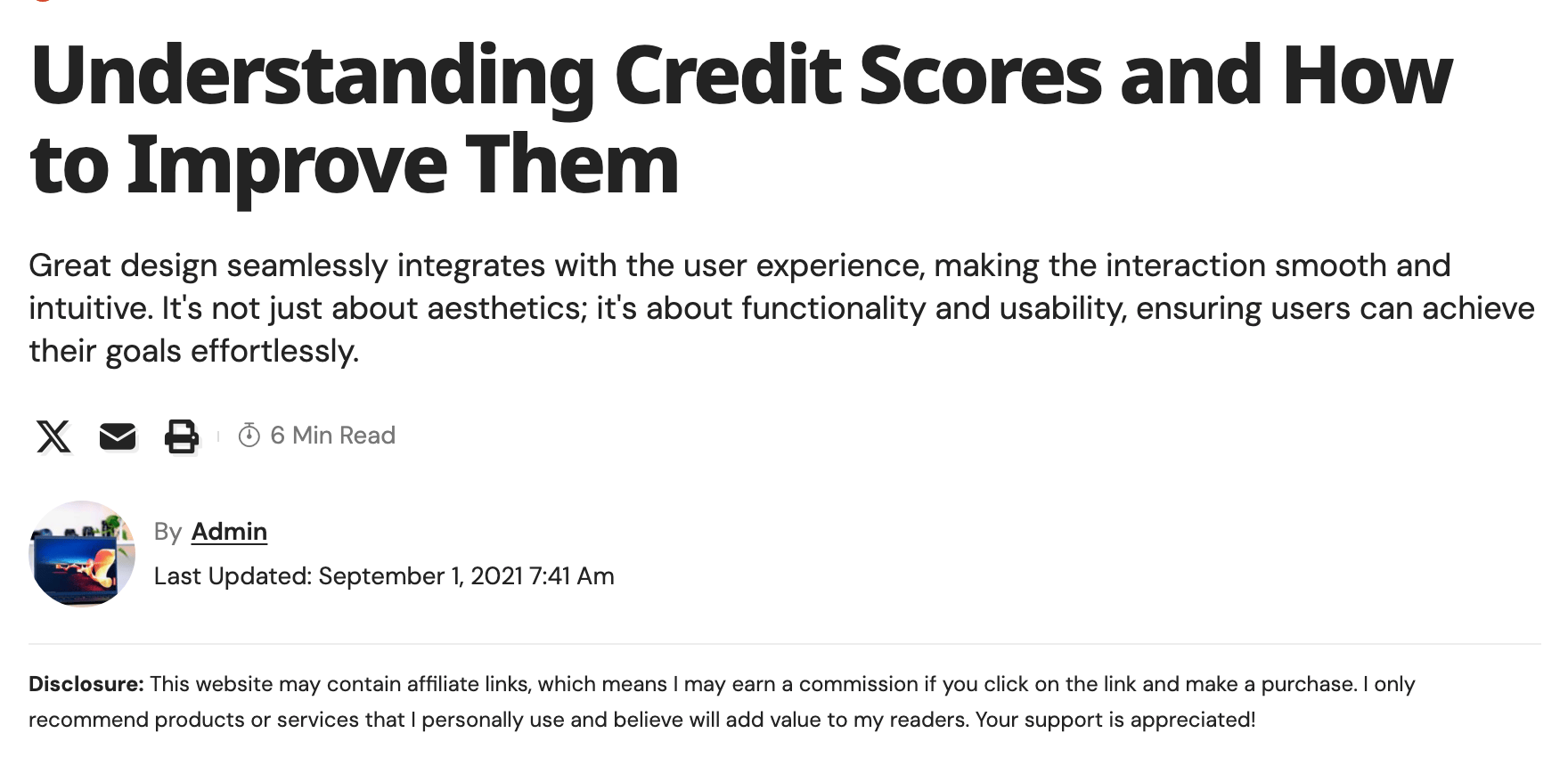 The top of a post shown with the notice on: title, tagline, share icons and author line, then the Disclosure: paragraph in small plain text under them