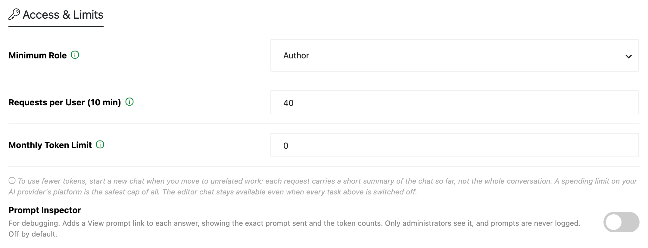 The Access & Limits section: Minimum Role on Author, Requests per User (10 min) on 40, Monthly Token Limit on 0, the note on using fewer tokens, and the Prompt Inspector switch off