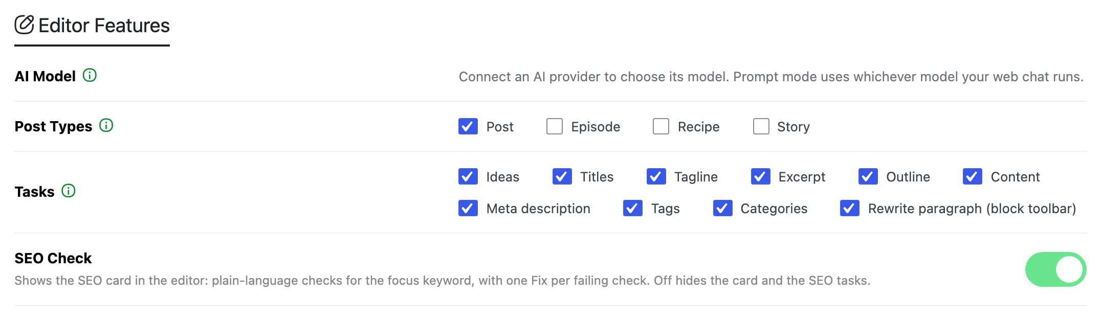 The Editor Features section: AI Model with its note, Post Types with Post ticked, the ten Tasks all ticked, and the SEO Check switch on