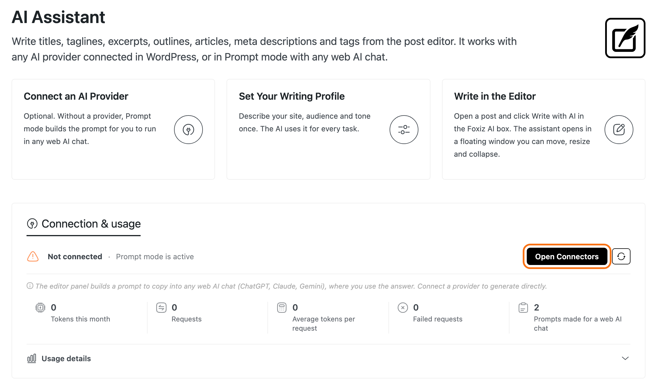The top of Foxiz > AI Assistant before a provider is connected: the cards Connect an AI Provider, Set Your Writing Profile and Write in the Editor, then Connection & usage reading Not connected, Prompt mode is active, with the Open Connectors button outlined
