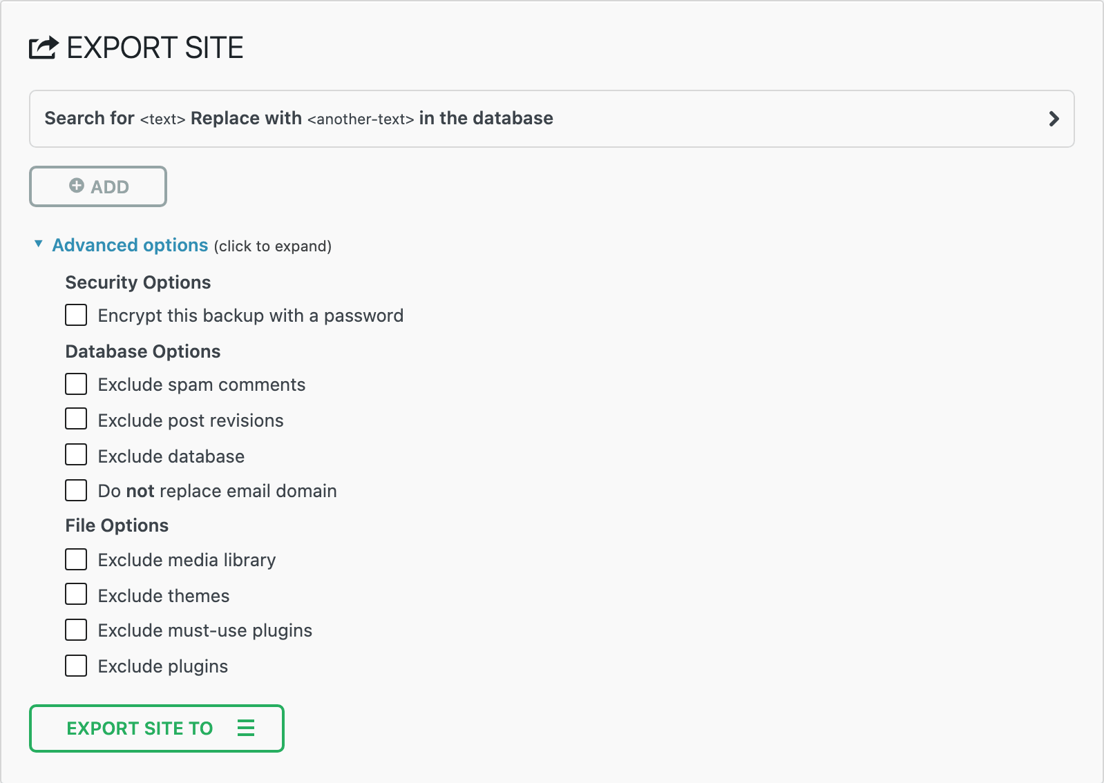 All-in-One WP Migration > Export with Advanced options expanded: Security, Database and File Options checkboxes, from Encrypt this backup with a password down to Exclude media library, Exclude themes and Exclude plugins
