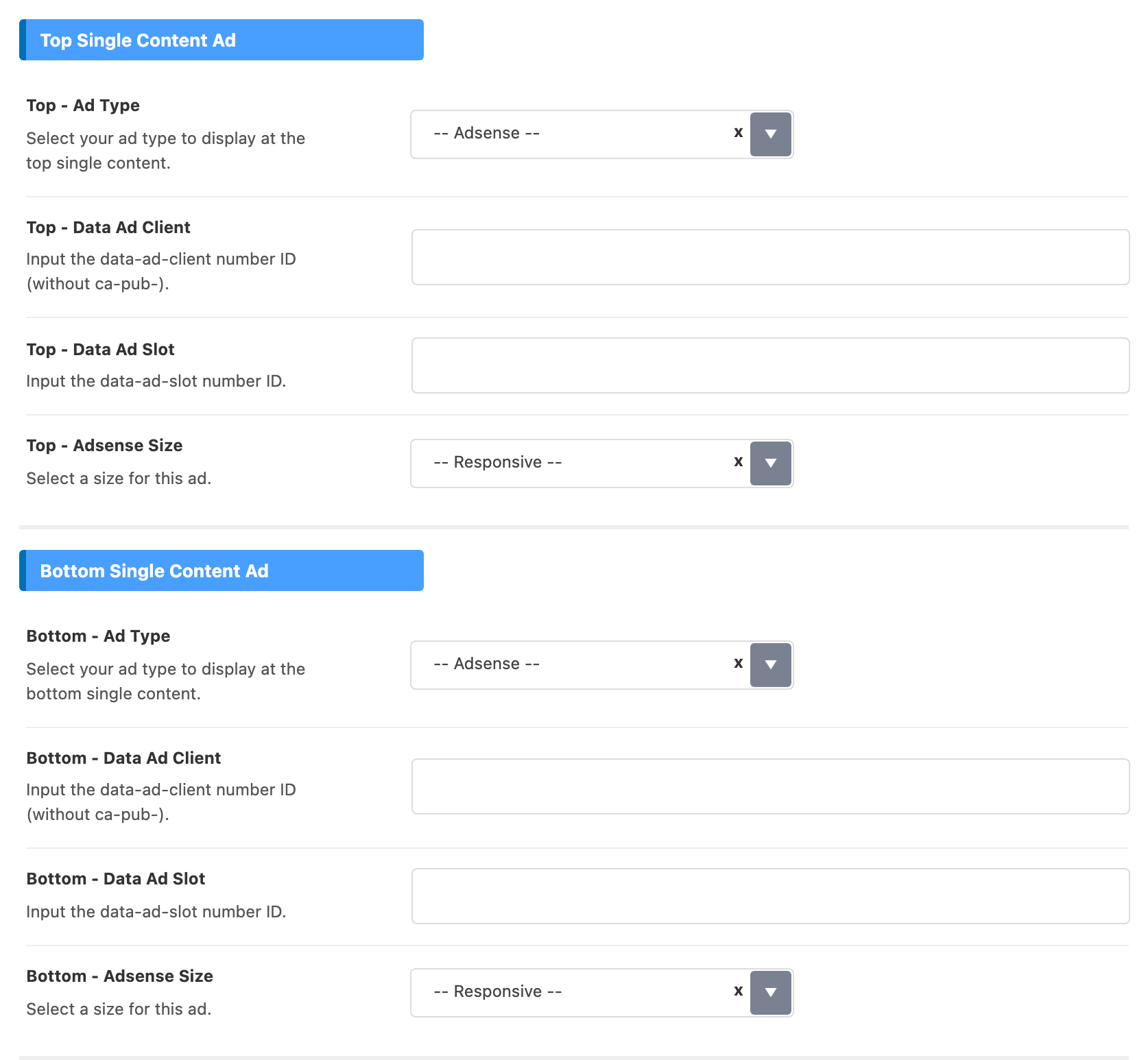 The Top Single Content Ad and Bottom Single Content Ad groups in AMP Ads: Top - Ad Type and Bottom - Ad Type on -- Adsense --, empty Data Ad Client and Data Ad Slot boxes, and Top - Adsense Size and Bottom - Adsense Size on -- Responsive --