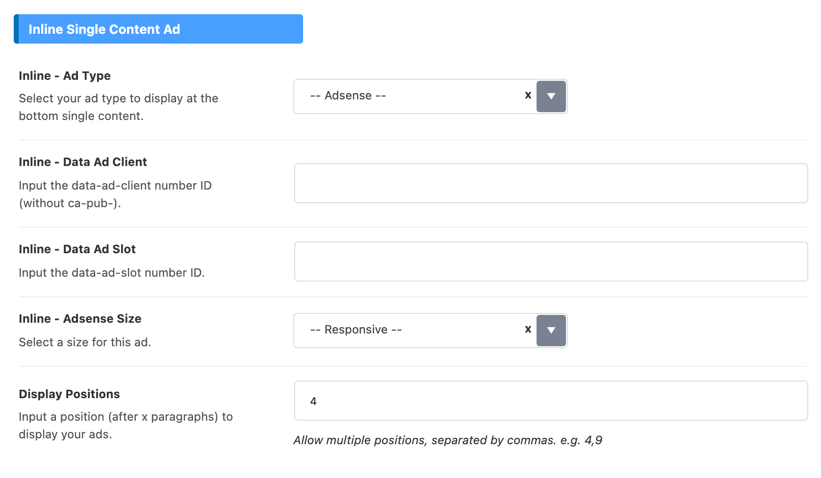 The Inline Single Content Ad group in AMP Ads: Inline - Ad Type on -- Adsense --, empty Inline - Data Ad Client and Inline - Data Ad Slot boxes, Inline - Adsense Size on -- Responsive --, and Display Positions set to 4 with the note Allow multiple positions, separated by commas. e.g. 4,9
