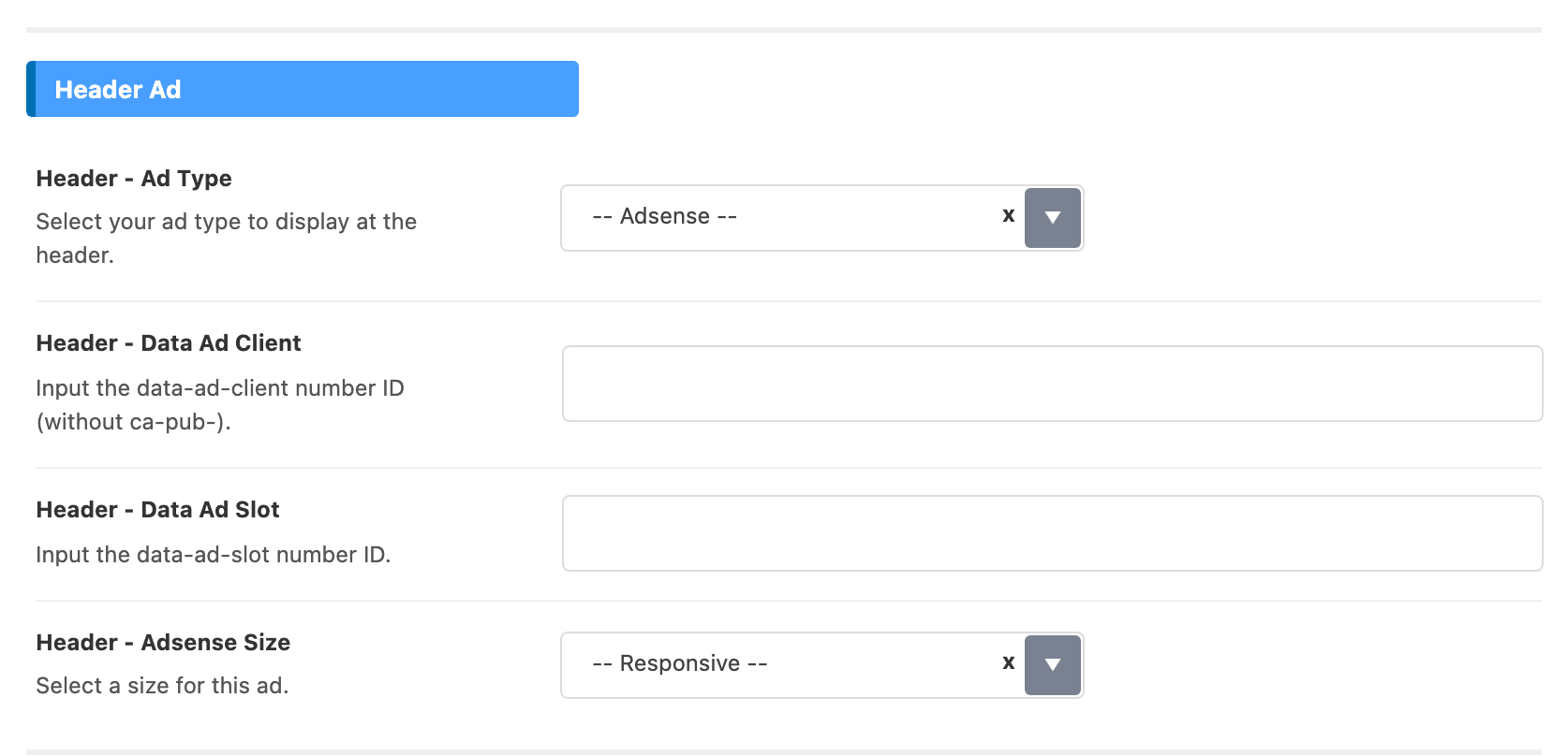 The Header Ad group of Theme Options > AMP > AMP Ads: Header - Ad Type, Header - Data Ad Client, Header - Data Ad Slot and Header - Adsense Size