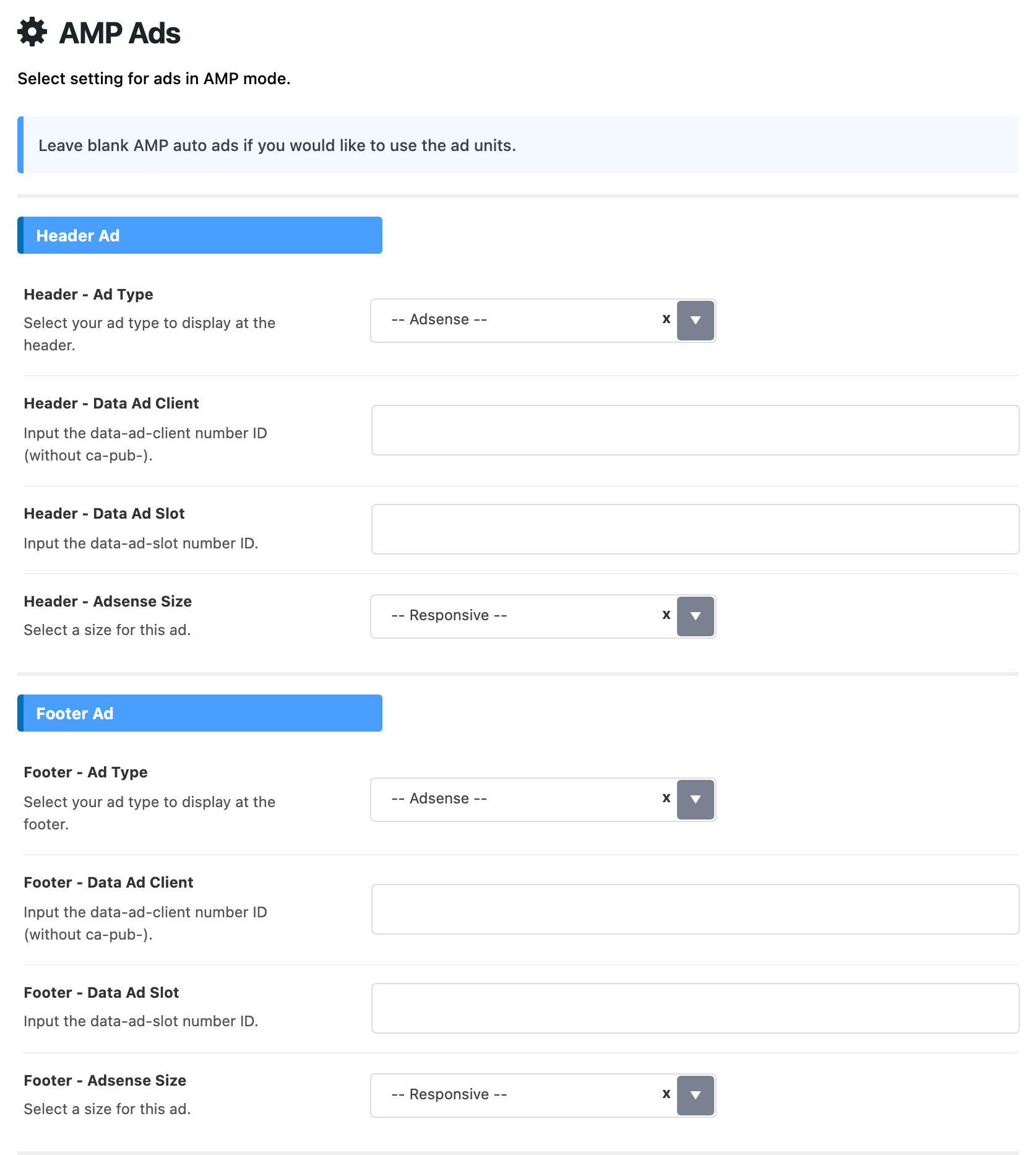 Theme Options > AMP > AMP Ads: the notice Leave blank AMP auto ads if you would like to use the ad units, then the Header Ad and Footer Ad groups, each with Ad Type on -- Adsense --, empty Data Ad Client and Data Ad Slot boxes, and Adsense Size on -- Responsive --