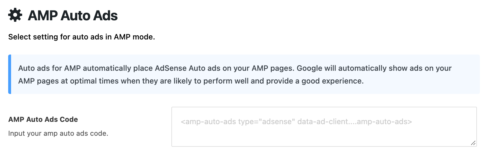 Theme Options > AMP > AMP Auto Ads: the notice that auto ads for AMP place AdSense Auto ads on your AMP pages, and the empty AMP Auto Ads Code box, its placeholder an amp-auto-ads tag of type adsense