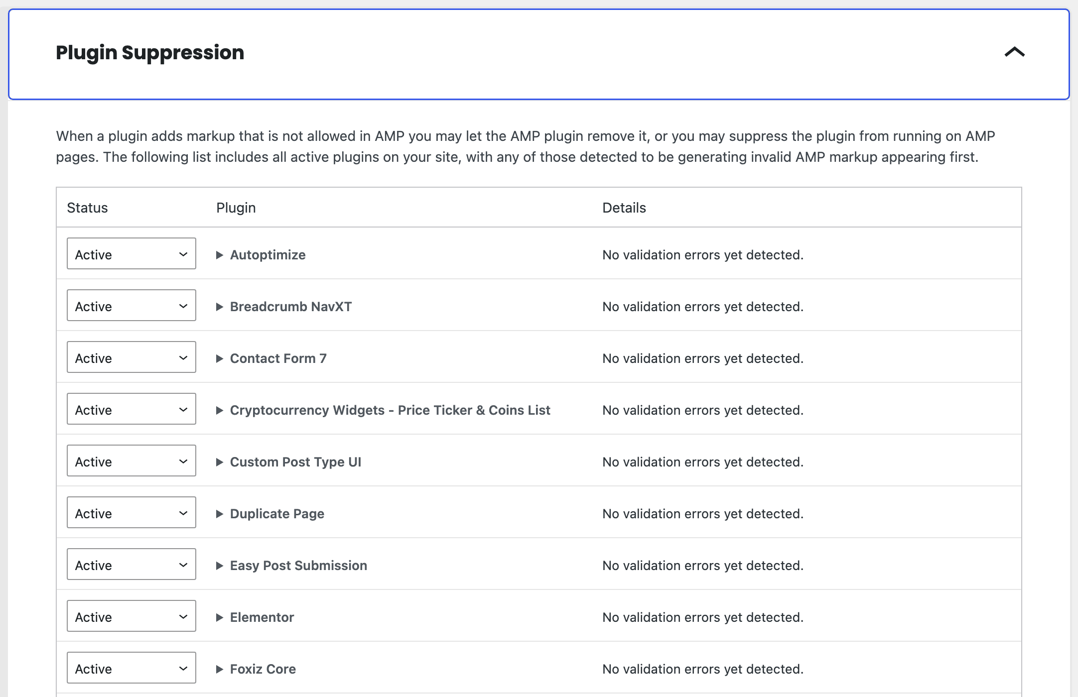 The AMP Plugin Suppression table, with a status select beside each active plugin