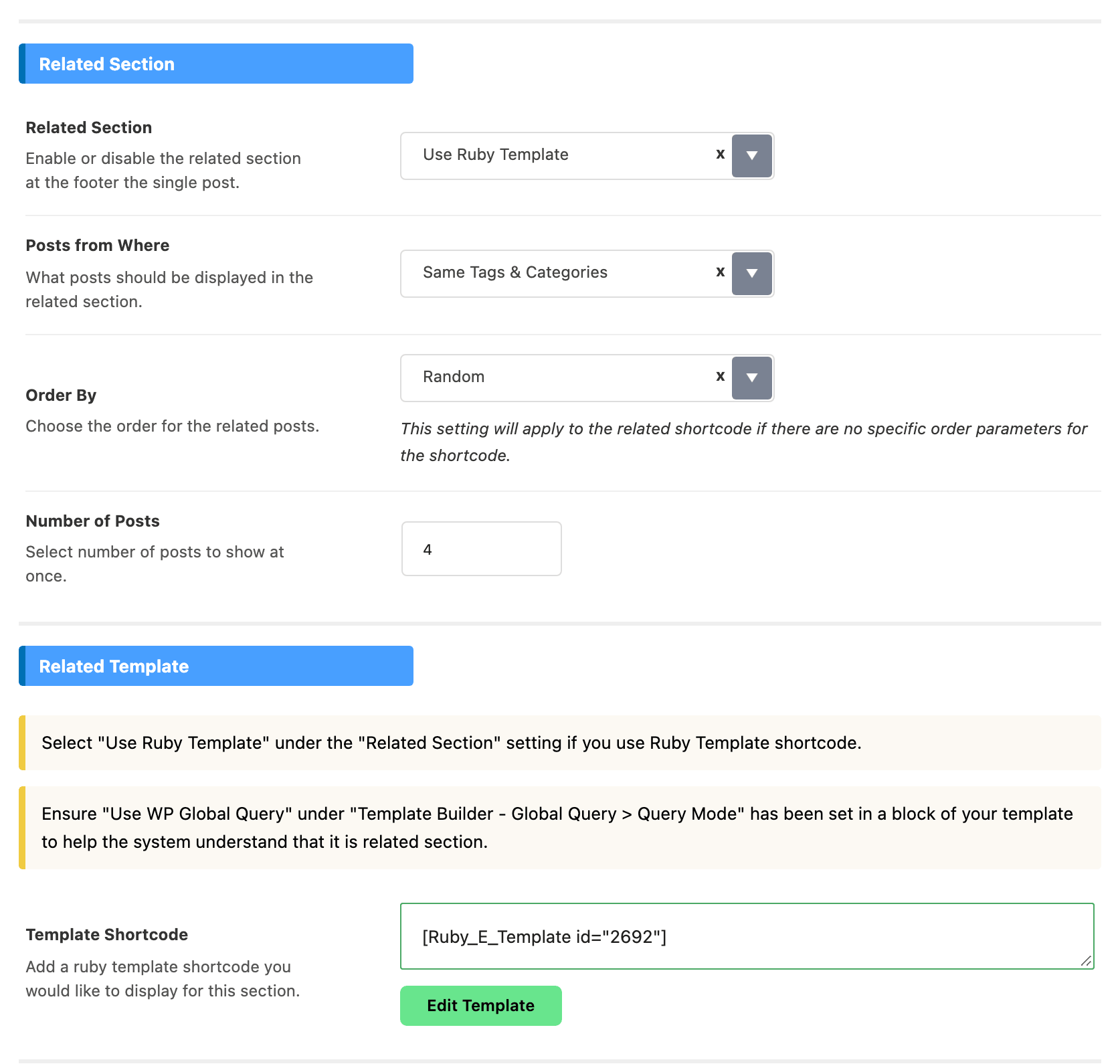 The Related Section group of Single Post > Related & Popular, with the Related Section select and the related Template Shortcode field