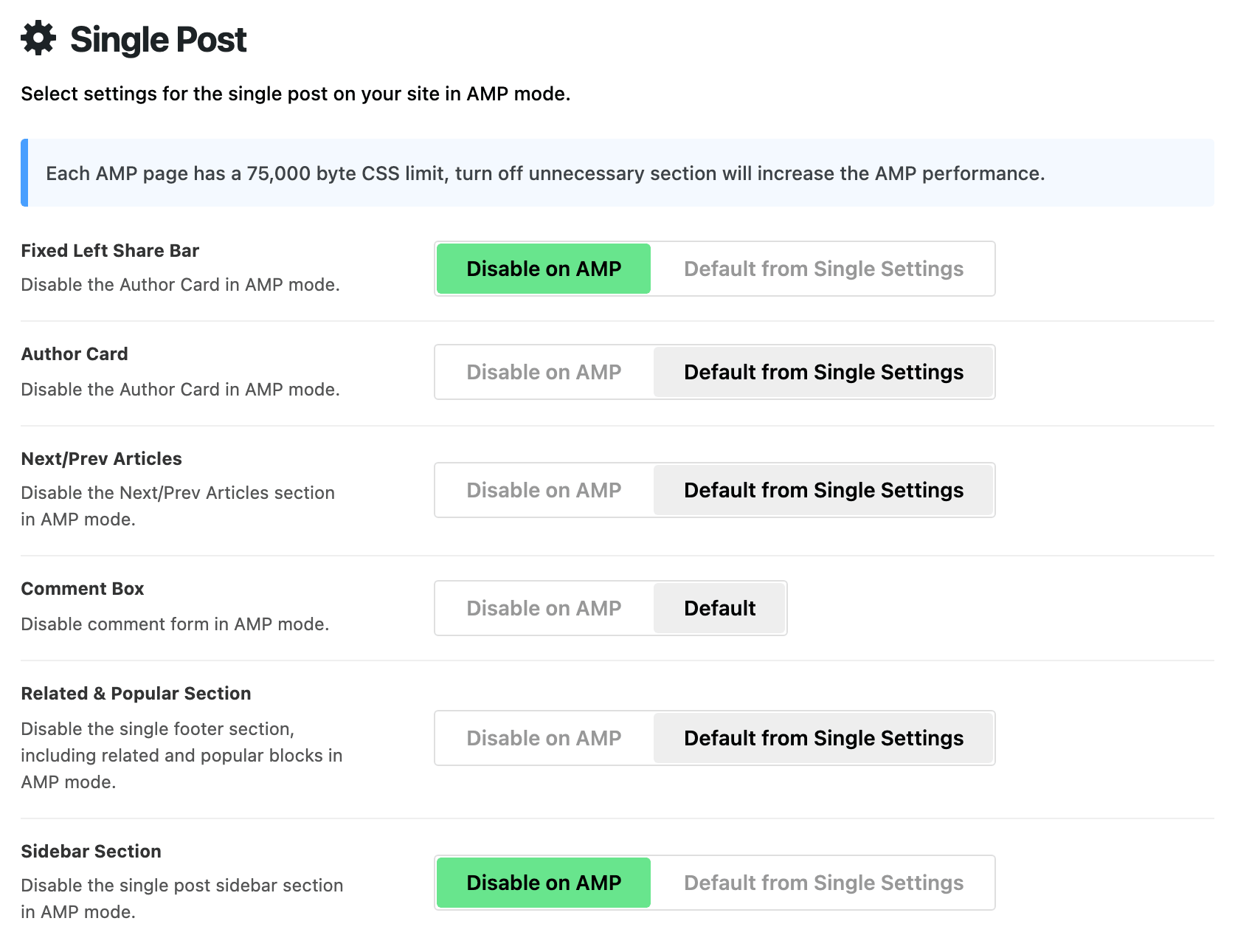 Theme Options > AMP > Single Post: Fixed Left Share Bar and Sidebar Section on Disable on AMP, Related & Popular Section on Default from Single Settings