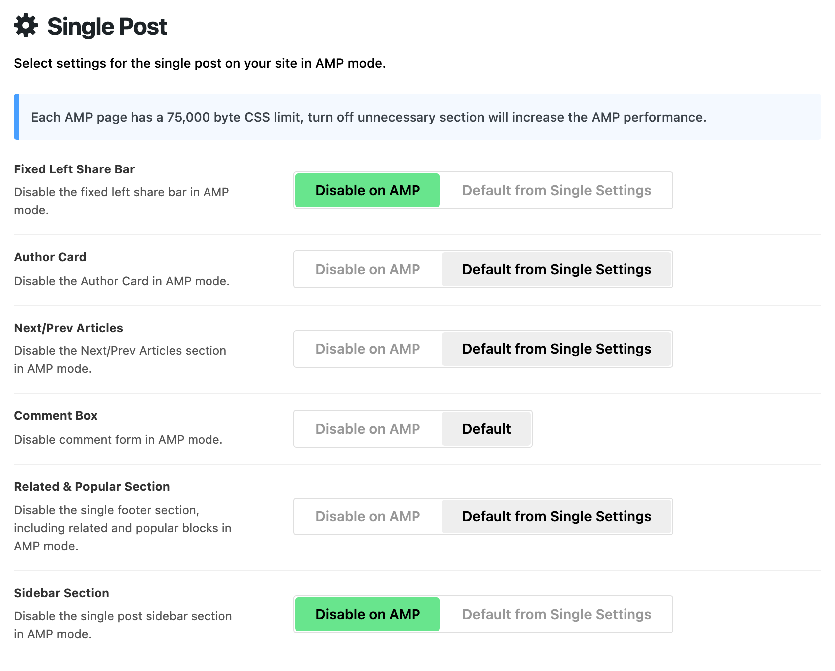 Theme Options > AMP > Single Post: the notice about the 75,000 byte CSS limit, then six switches: Fixed Left Share Bar on Disable on AMP; Author Card, Next/Prev Articles and Related & Popular Section on Default from Single Settings; Comment Box on Default; Sidebar Section on Disable on AMP