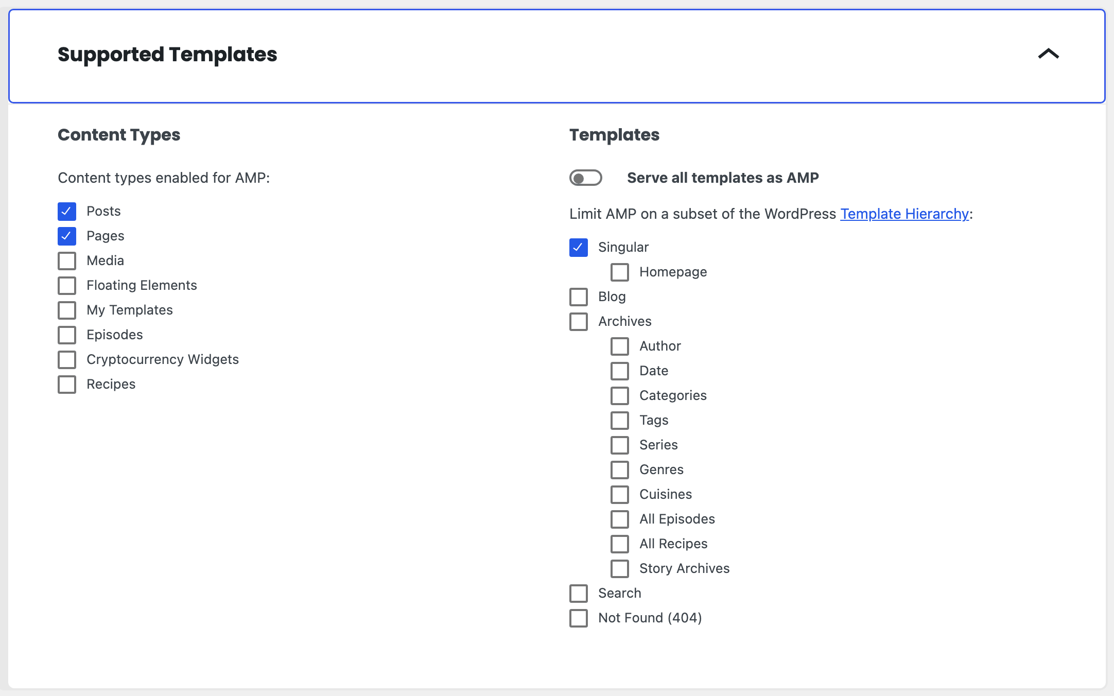 Supported Templates on the AMP settings screen, with its Content Types and Templates lists