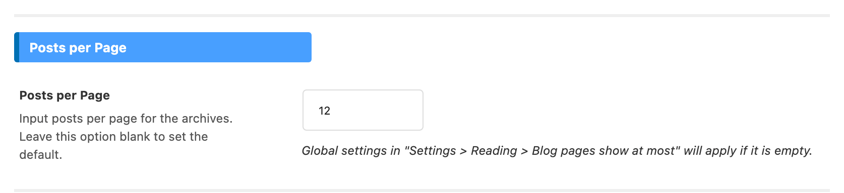 The Posts per Page field on the Archives panel