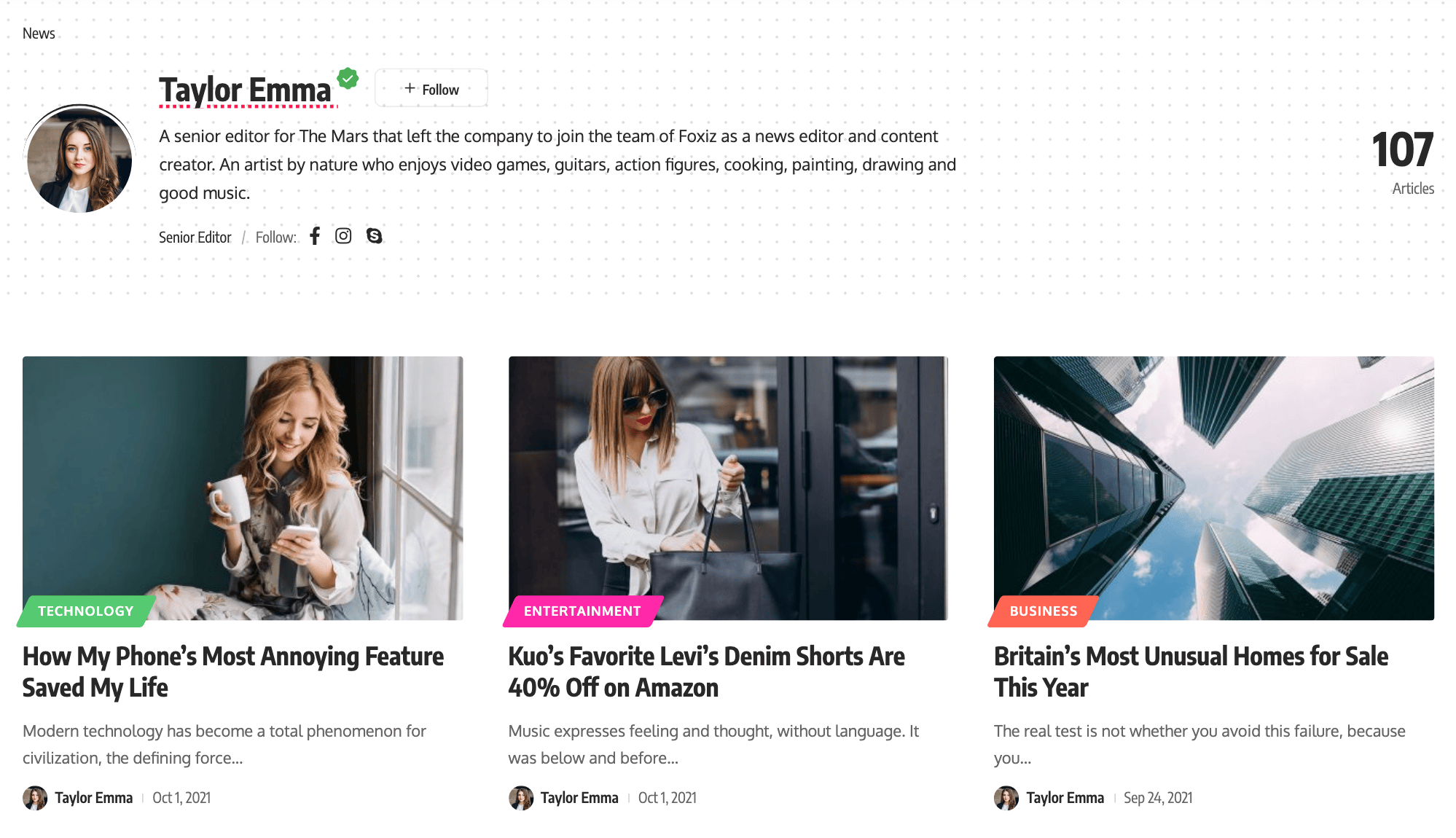 The author page of Taylor Emma on the Default demo: the Author Bio header with avatar, verified tick, Follow button, biography, job name and social icons, the 107 Articles post count on the right, then the first row of her posts in Grid 1
