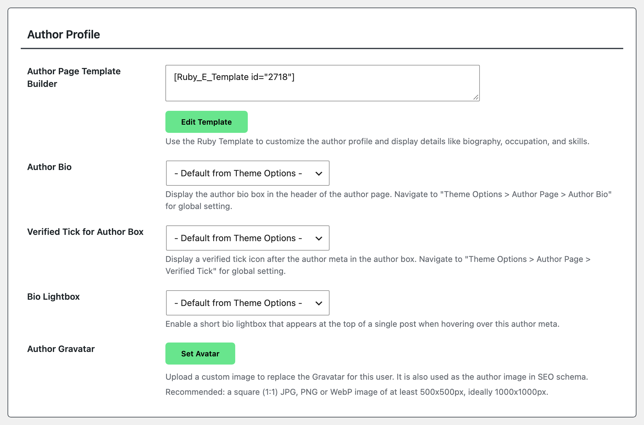 The Author Profile table on Emeka Okonkwo's edit screen, with [Ruby_E_Template id="2718"] pasted into Author Page Template Builder, then Author Bio, Verified Tick for Author Box and Bio Lightbox on - Default from Theme Options - and Author Gravatar with its Set Avatar button