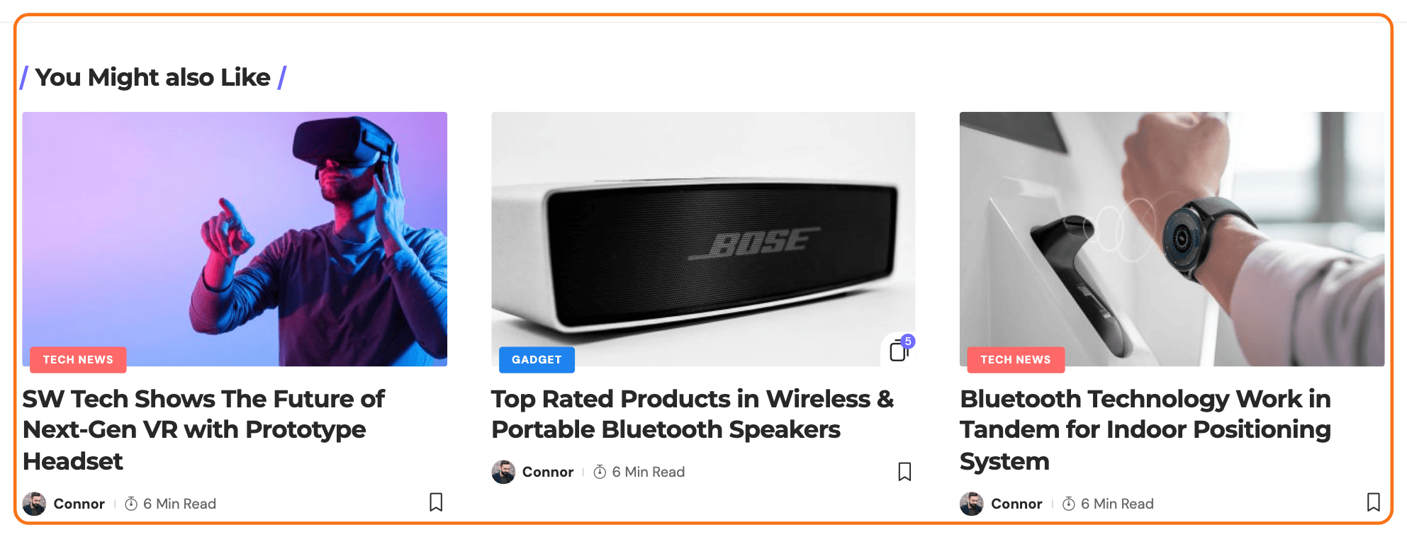 The related section at the end of a post on the Foxiz Tech demo: You Might Also Like above a grid of related posts