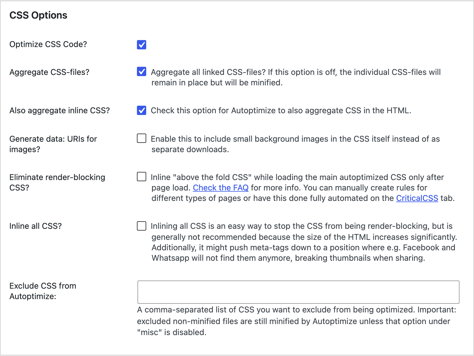 Autoptimize's CSS Options with Optimize CSS Code checked