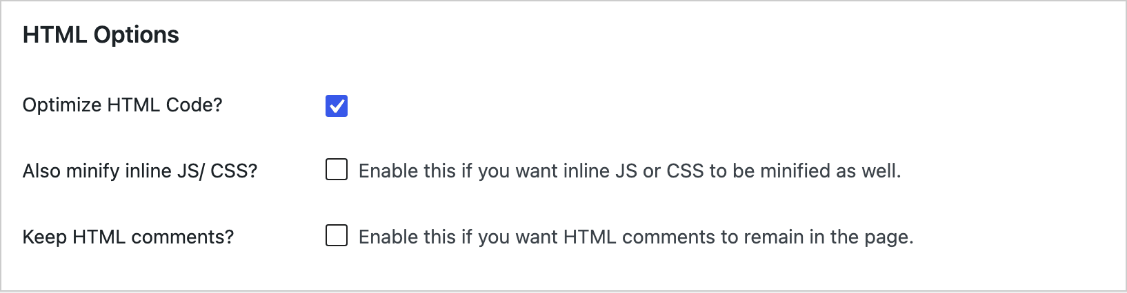 Autoptimize's HTML Options with Optimize HTML Code checked