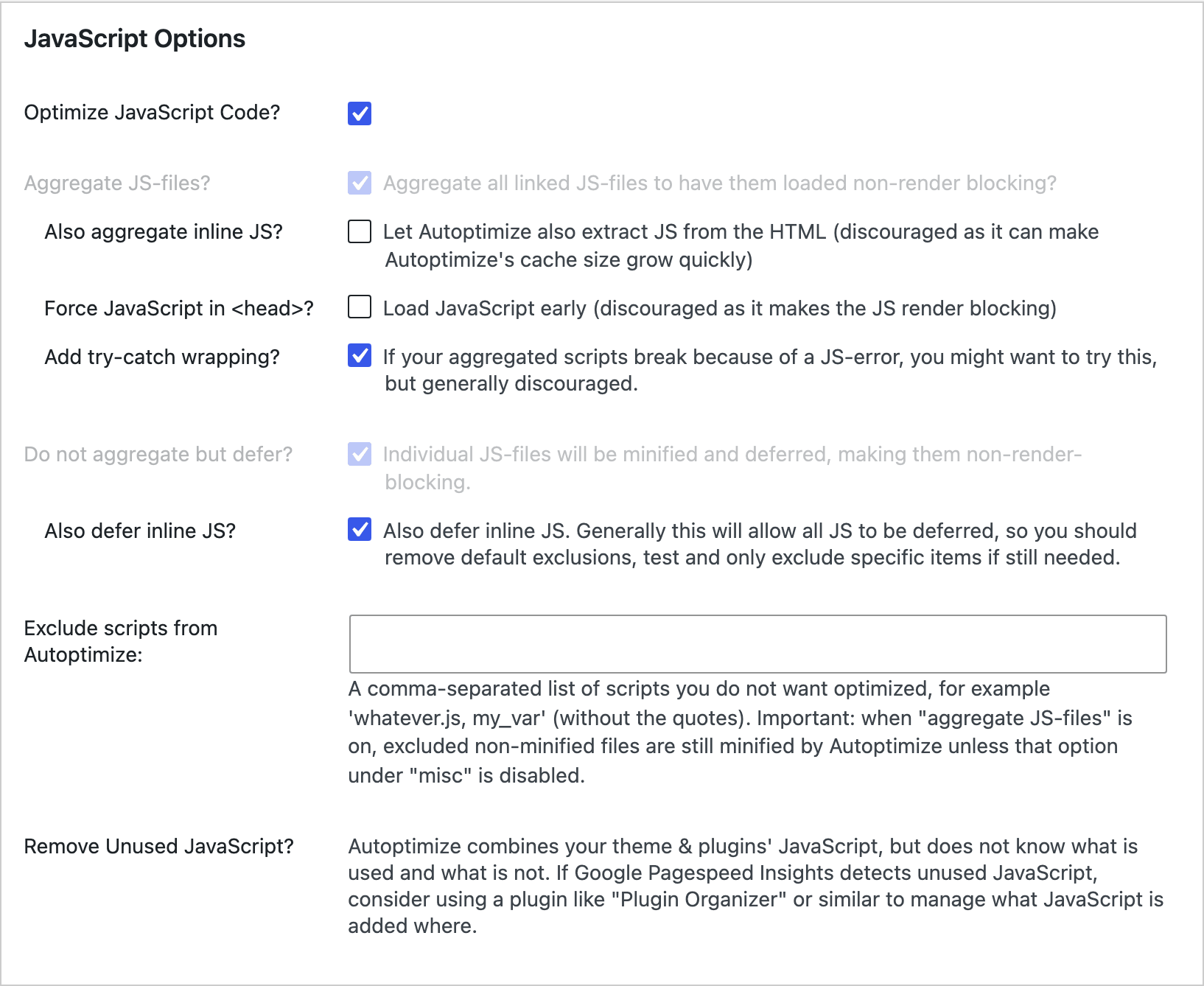 Autoptimize's JavaScript Options with Optimize JavaScript Code checked