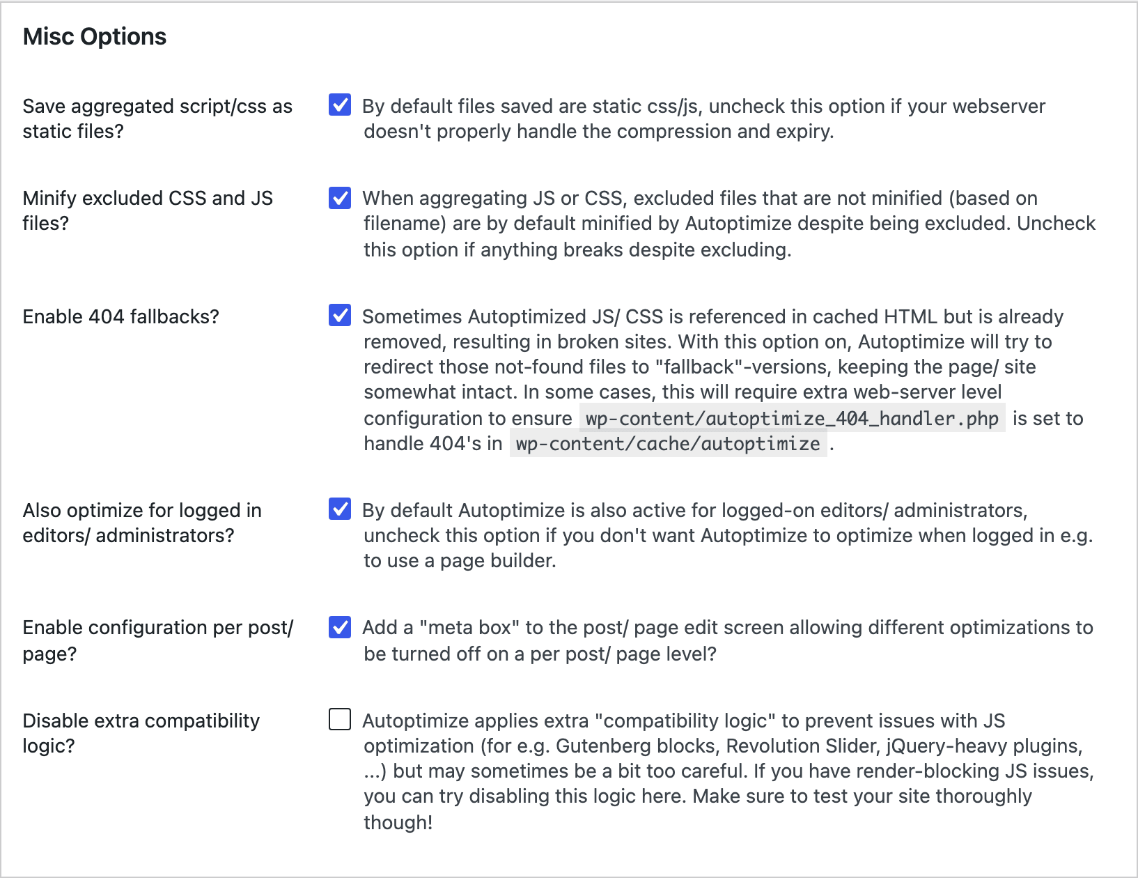 Autoptimize's Misc Options, including Save aggregated script/css as static files