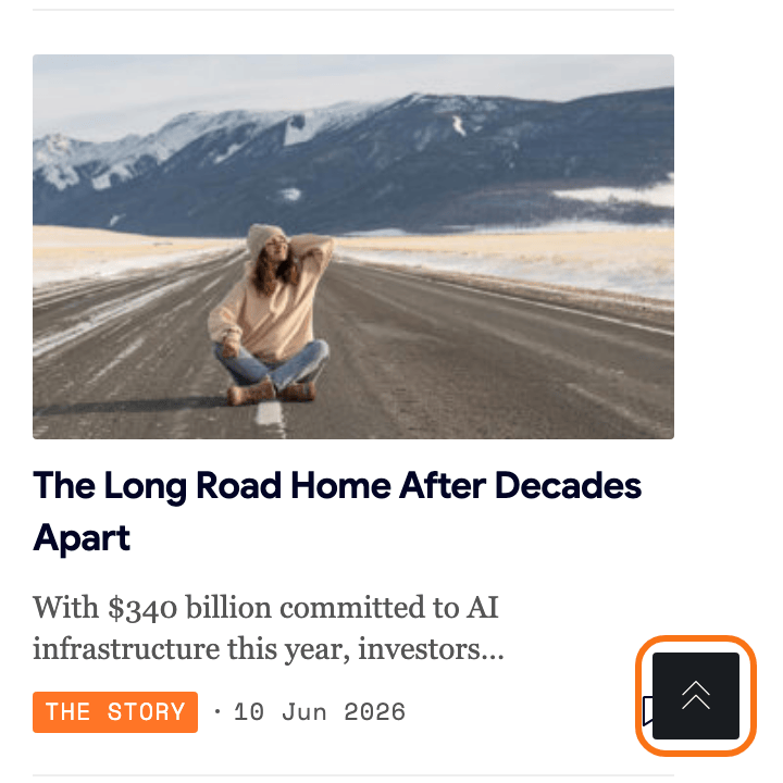 The Signal demo scrolled down its home page, with the Back to Top button outlined in orange in the bottom right corner of the window, beside a post card