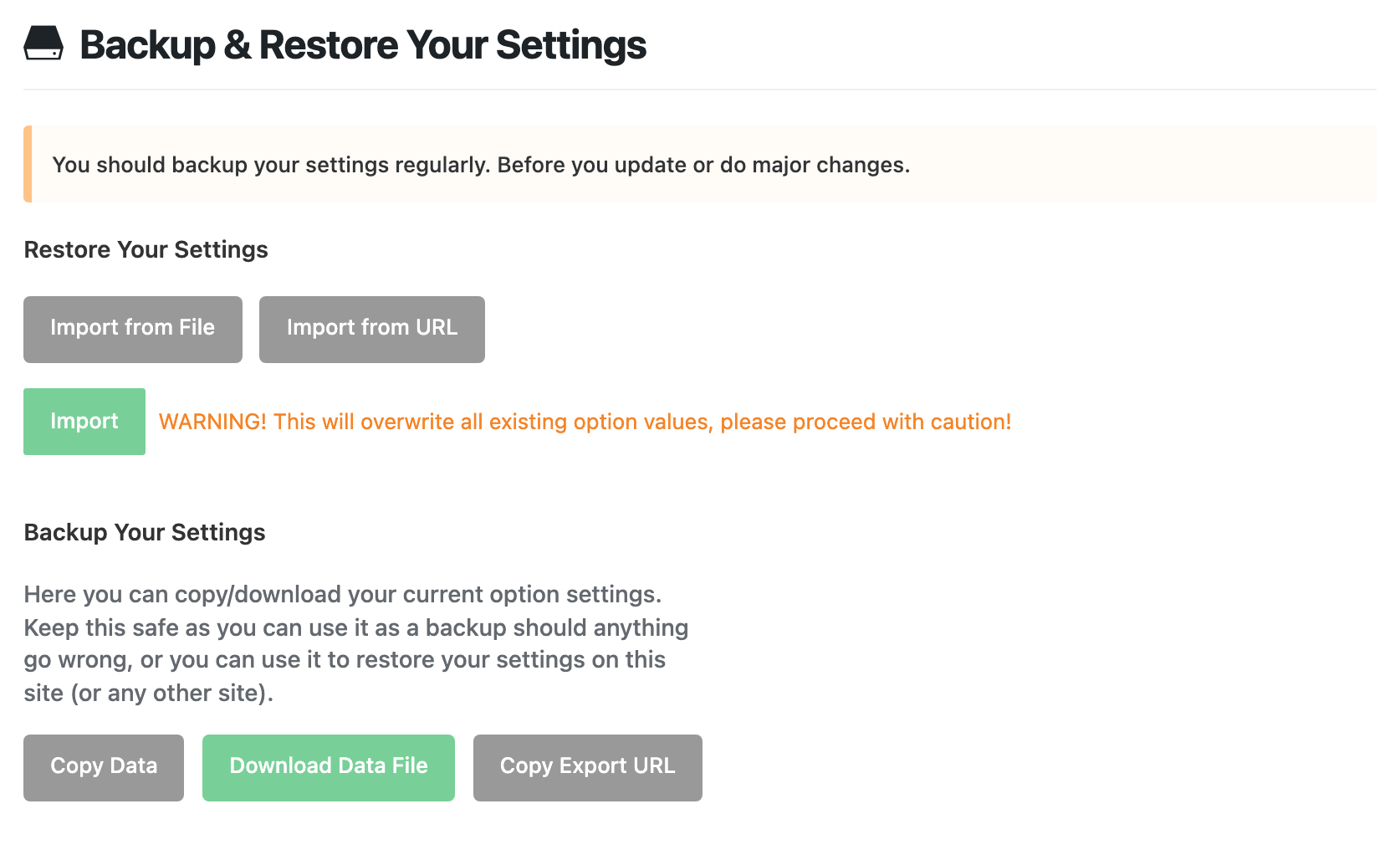 The Backup & Restore Your Settings panel in Theme Options, with Import from File, Import from URL, Import, Copy Data, Download Data File and Copy Export URL