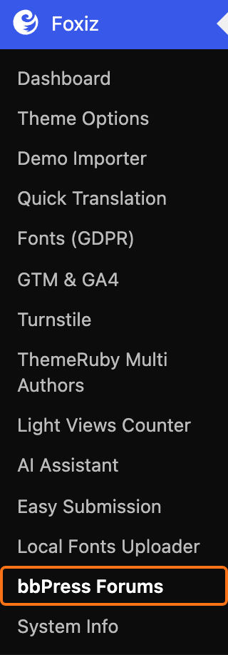 The Foxiz admin menu open, with bbPress Forums (outlined) among its entries
