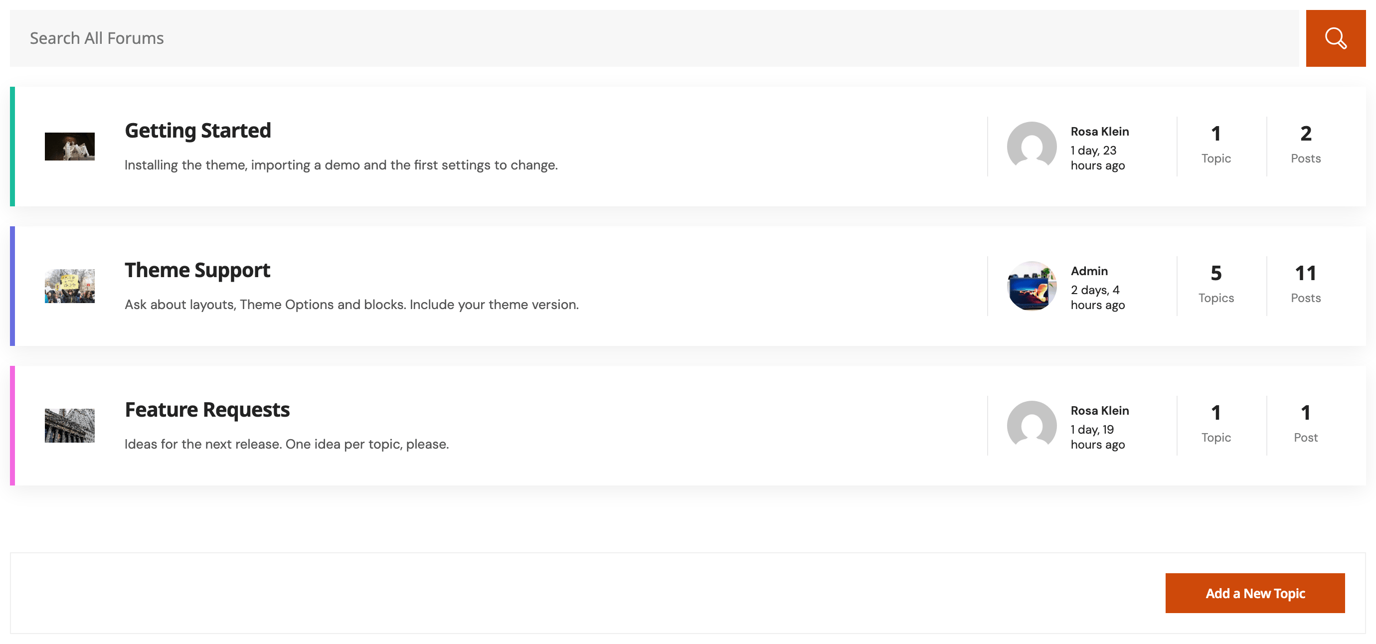 The forums page on a Foxiz site: the Search All Forums box, three forums each with its featured image, and the new topic box with its Add a New Topic button