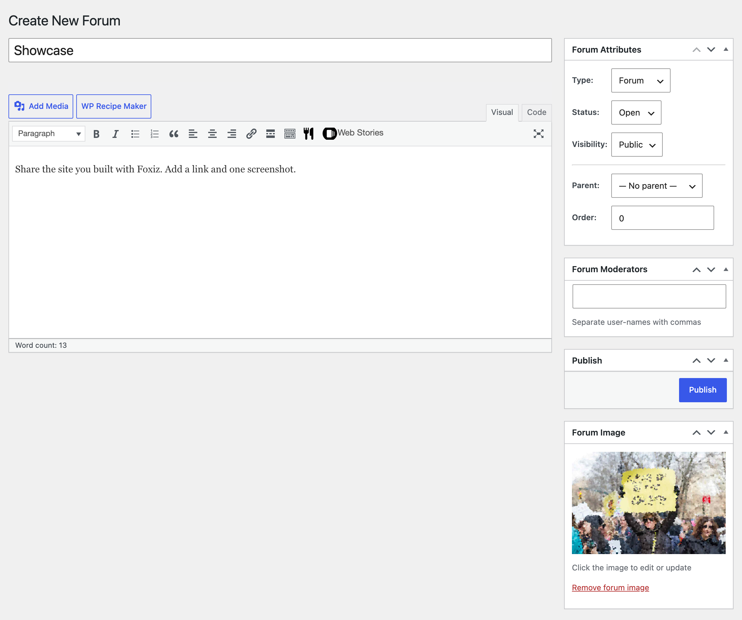 Forums > Create New Forum with the title Showcase and a one line description, the Forum Attributes box (Type Forum, Status Open, Visibility Public, Parent, Order) and the Forum Image box on the right holding the chosen image, with Remove forum image