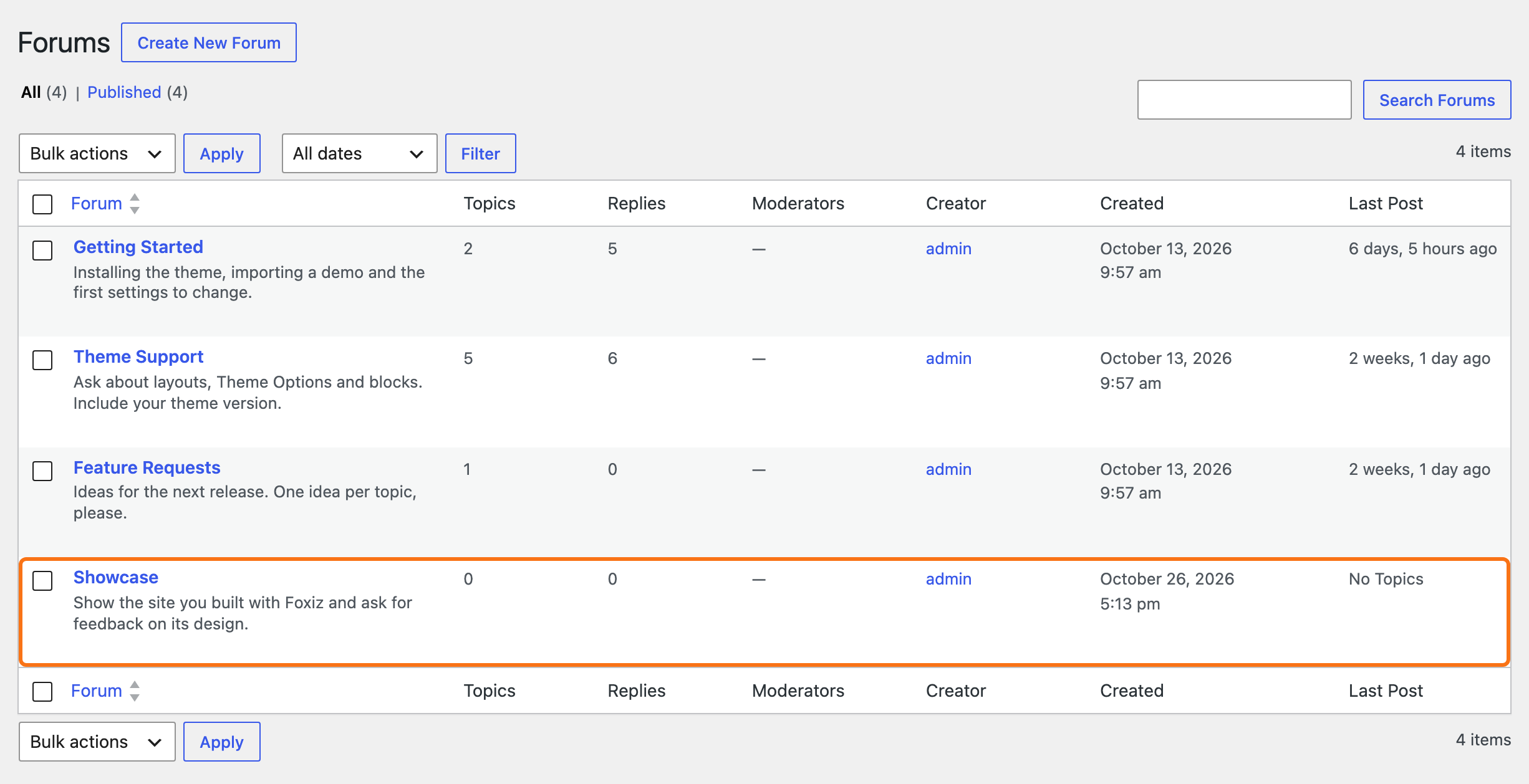Forums > All Forums listing Feature Requests, Getting Started, Showcase (just created, no topics yet, outlined in orange) and Theme Support, with their topic and reply counts, creator, date and last post
