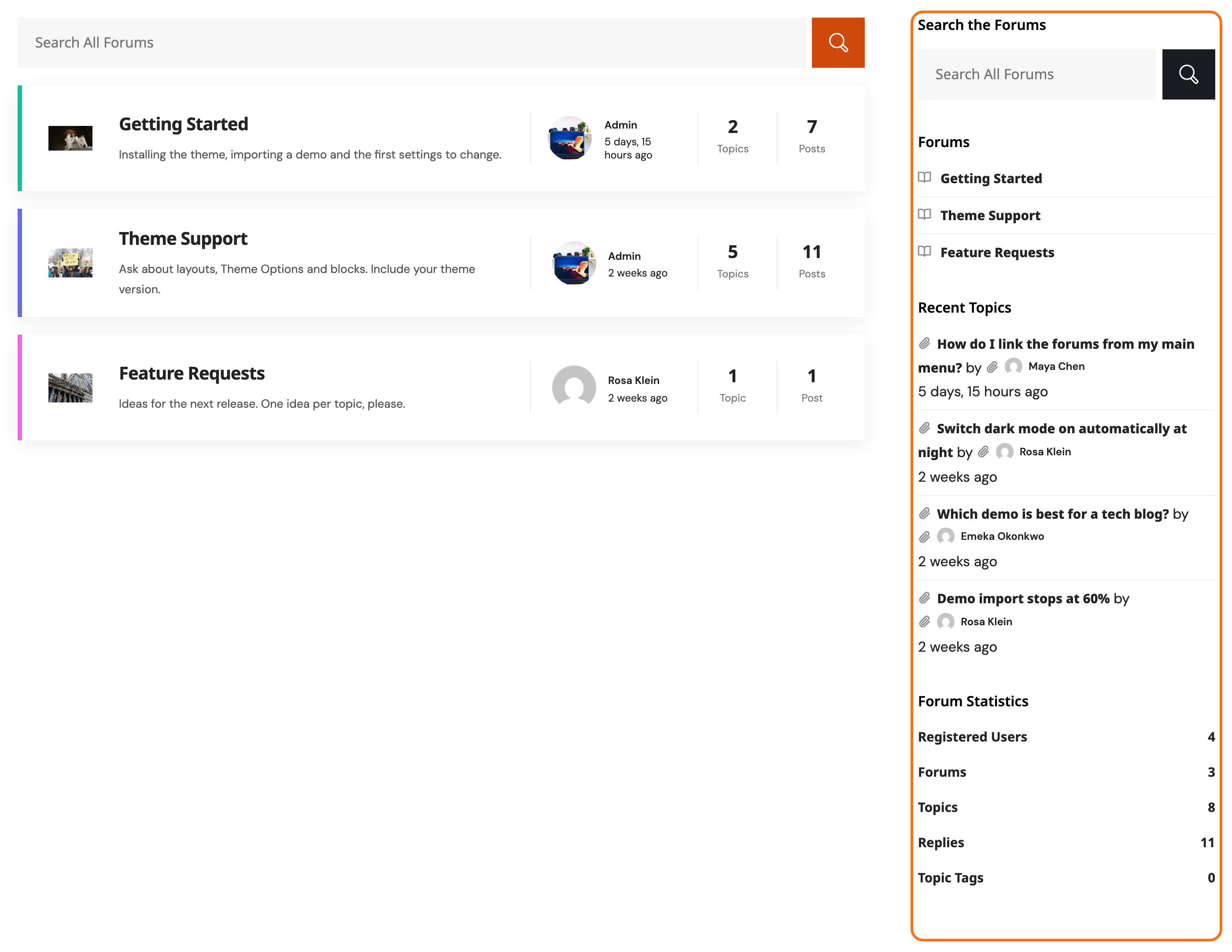 The forums page with the Forums sidebar on the right (outlined): Search the Forums, a Forums list, Recent Topics and Forum Statistics widgets beside the forum list