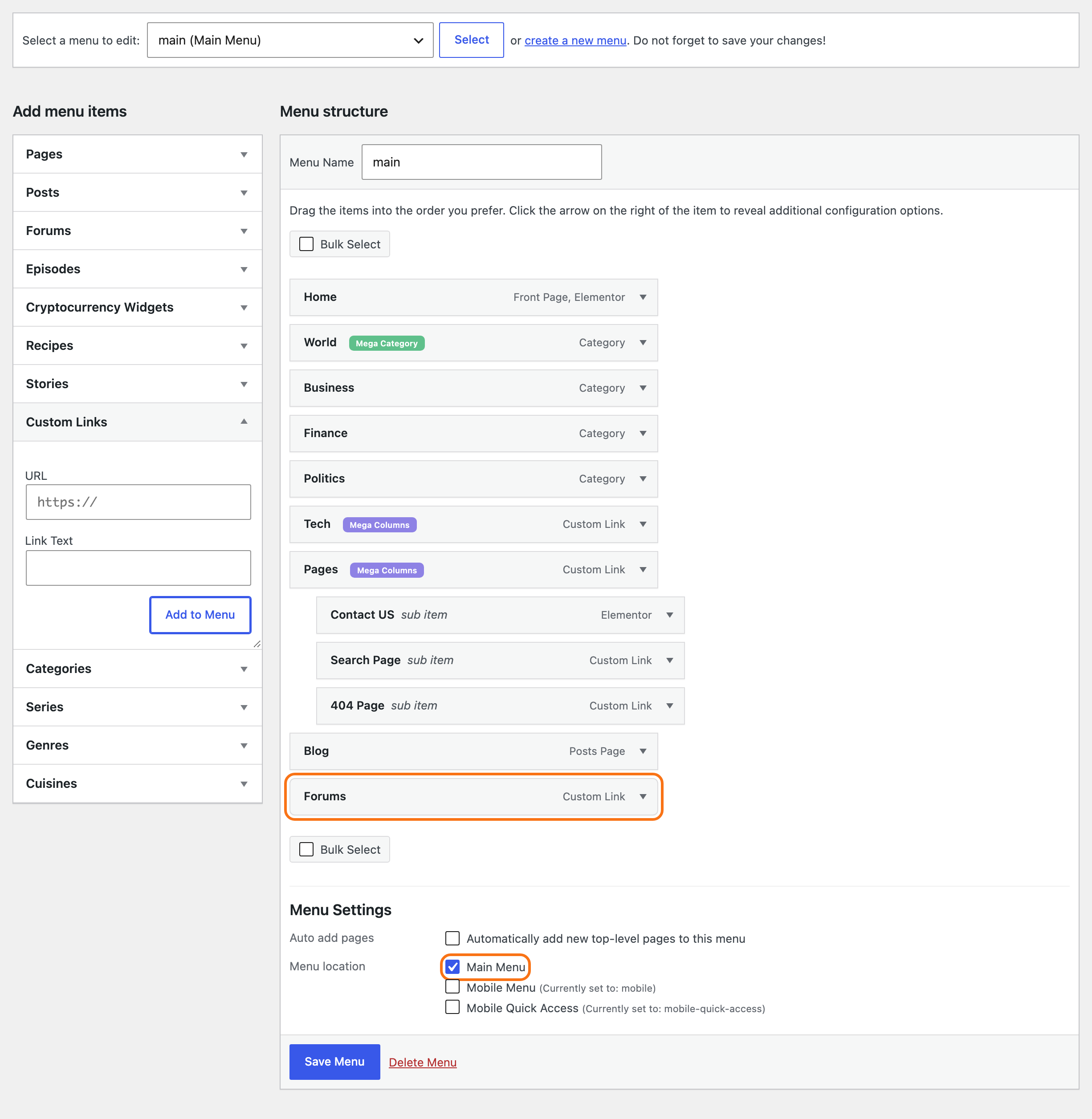 Appearance > Menus with the main menu selected: Forums added at the end of Menu structure as a Custom Link and Main Menu ticked under Menu location, both outlined in orange, ready for Save Menu