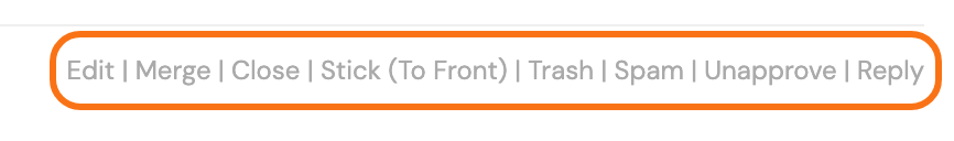 The moderation links under the opening post of a topic, seen by a Keymaster: Edit, Merge, Close, Stick (To Front), Trash, Spam, Unapprove and Reply, outlined in orange