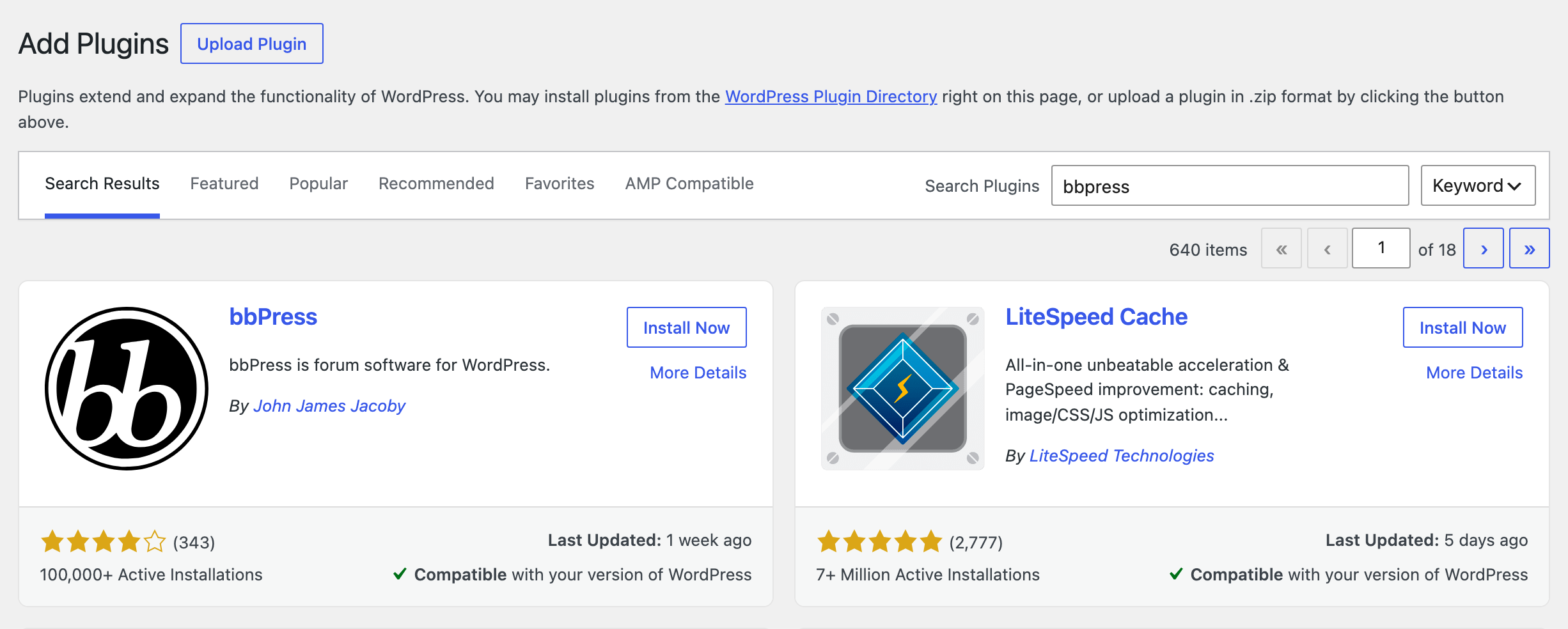 Plugins > Add Plugin with bbpress typed in Search Plugins, and the bbPress card by John James Jacoby first in the results with its Install Now button