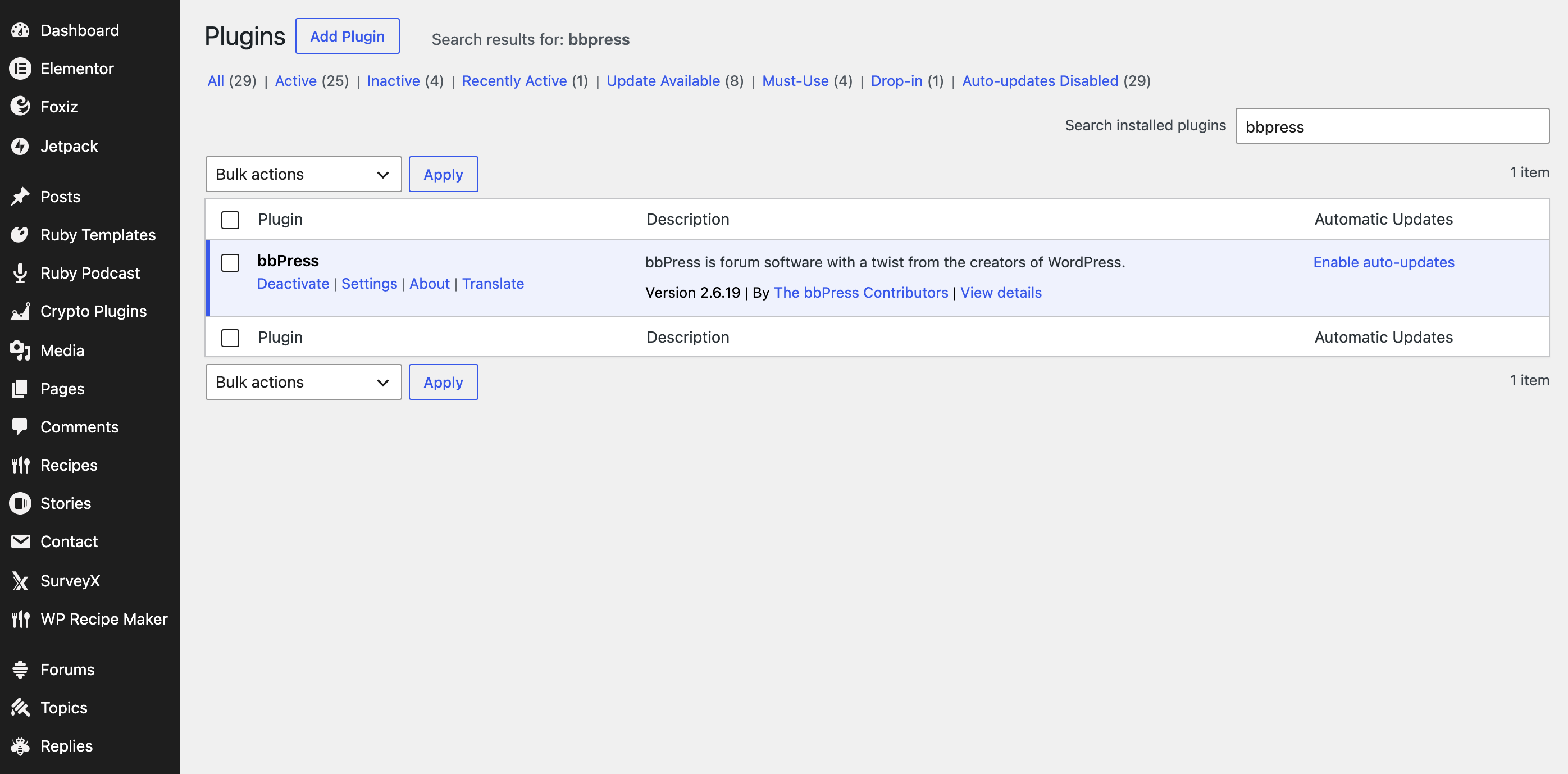 Plugins with bbPress active (Deactivate, Settings, About, Translate under its name) and the new Forums, Topics and Replies items in the admin menu