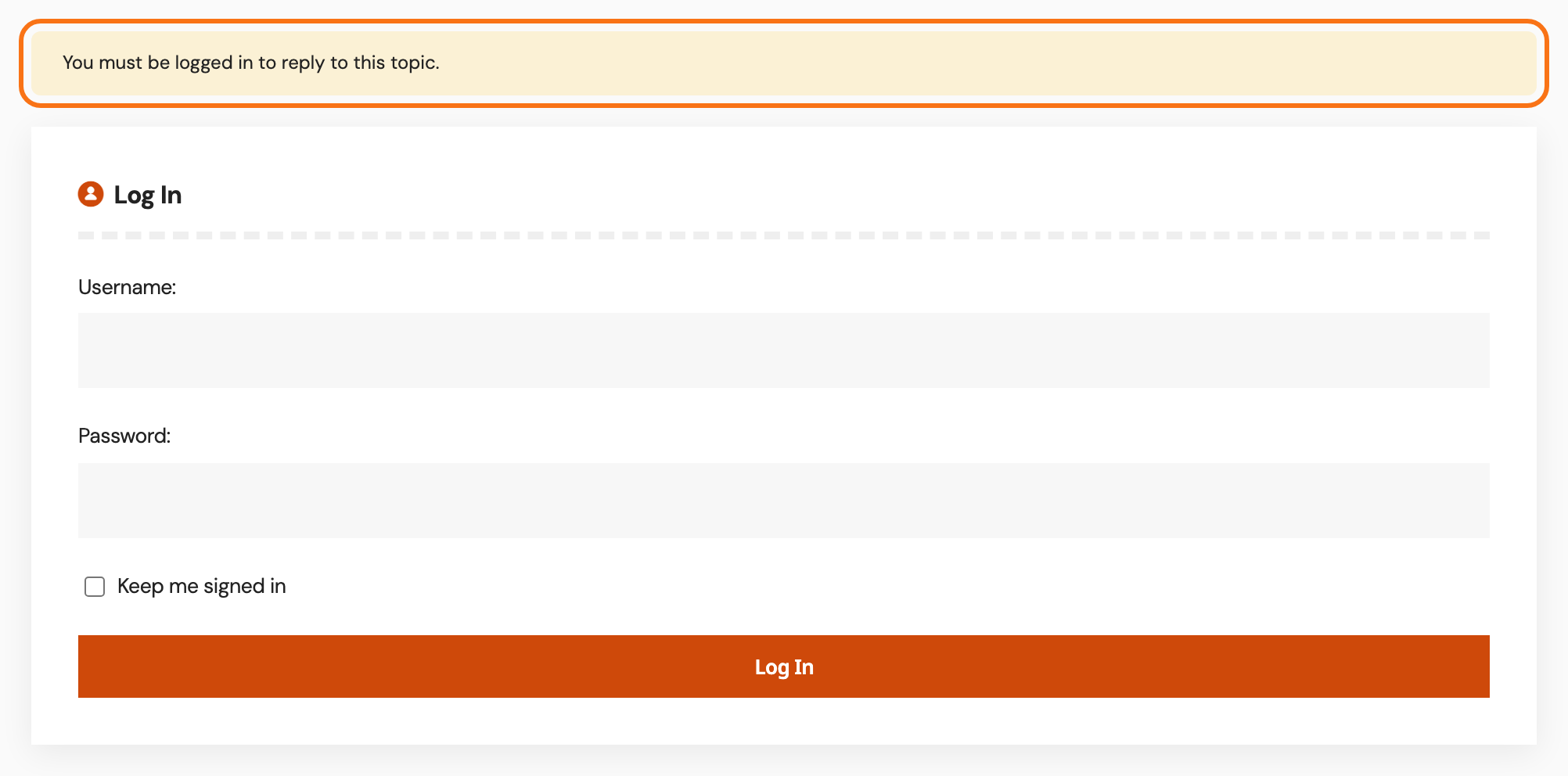 What a logged out visitor sees under a topic: the notice You must be logged in to reply to this topic (outlined) and bbPress's Log In form