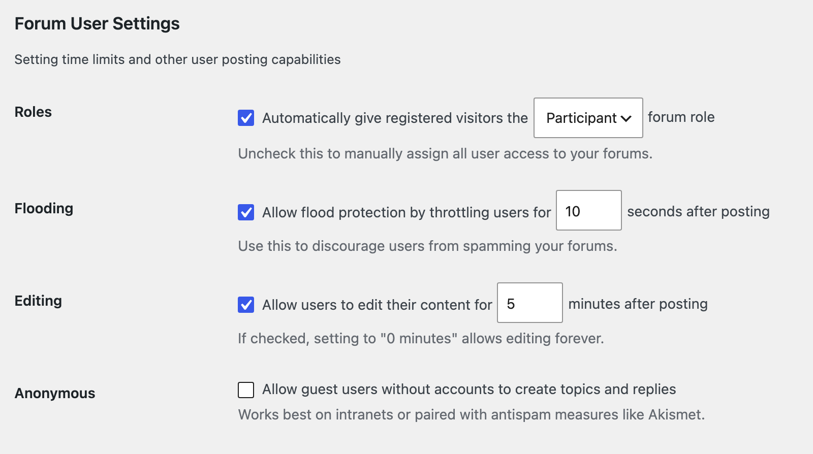 Settings > Forums, Forum User Settings section: Roles (Participant), Flooding, Editing and Anonymous, at bbPress's defaults