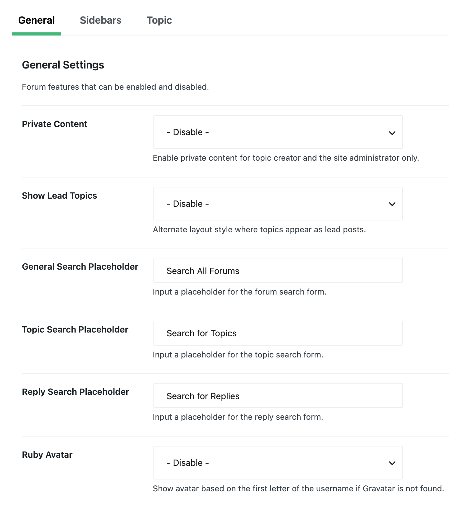 Foxiz > bbPress Forums, General tab: Private Content and Show Lead Topics on - Disable -, the three search placeholders, and Ruby Avatar on - Disable -